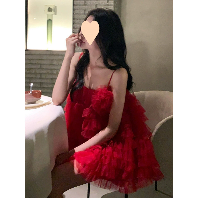 Юбка для женщин 2025 лето новая чистая желание сетчатая комбинированная юбка сладкая и пикантная свободная короткая юбка на бретелях