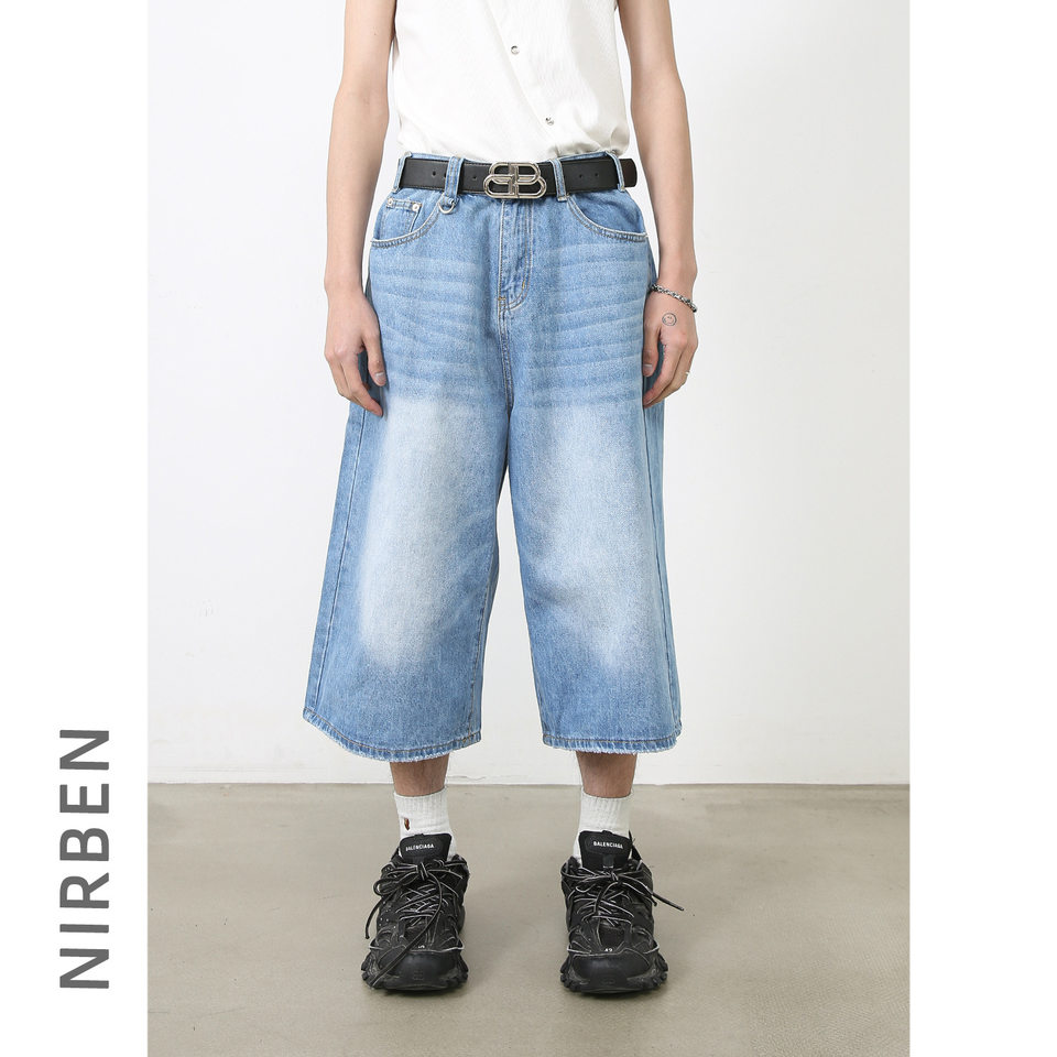 Quần short jean nữ ống rộng lửng cá tính phong cách đường phố — Làm cũ, Màu trắng, Rằn ri, Xanh lam cổ điển