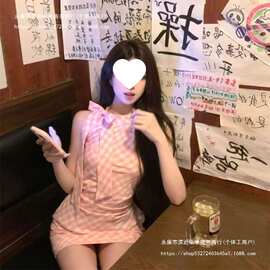 粉色露肩无袖格子连衣裙子女新款蝴蝶结收腰法式短裙图片色