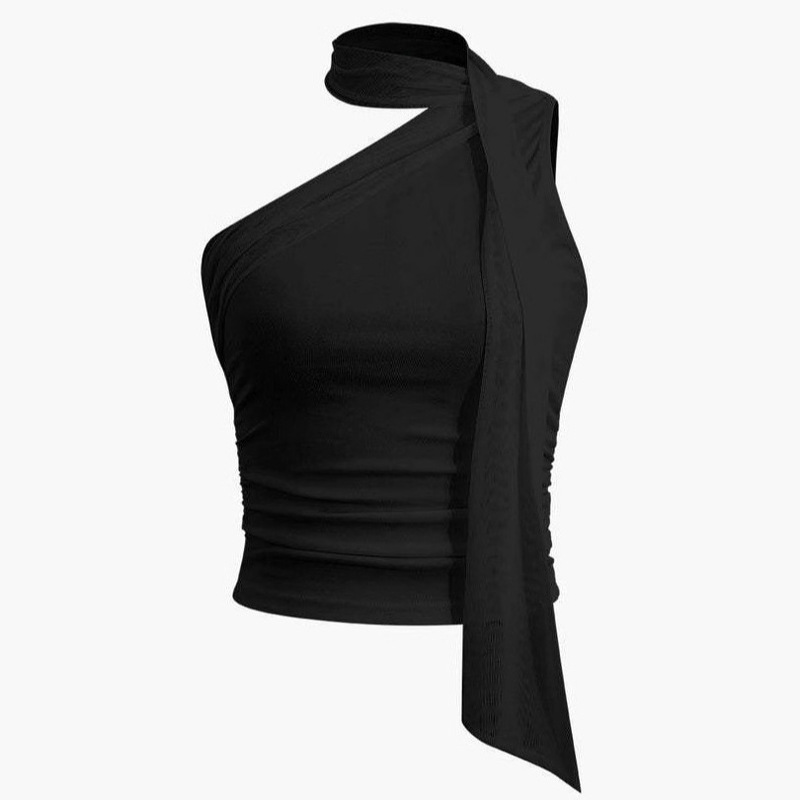 Cross-Border American Ins Style Slim Fit Slanted Shoulder Pleated Scarf Design Sleeveless Short Sexy Vest Top Summer