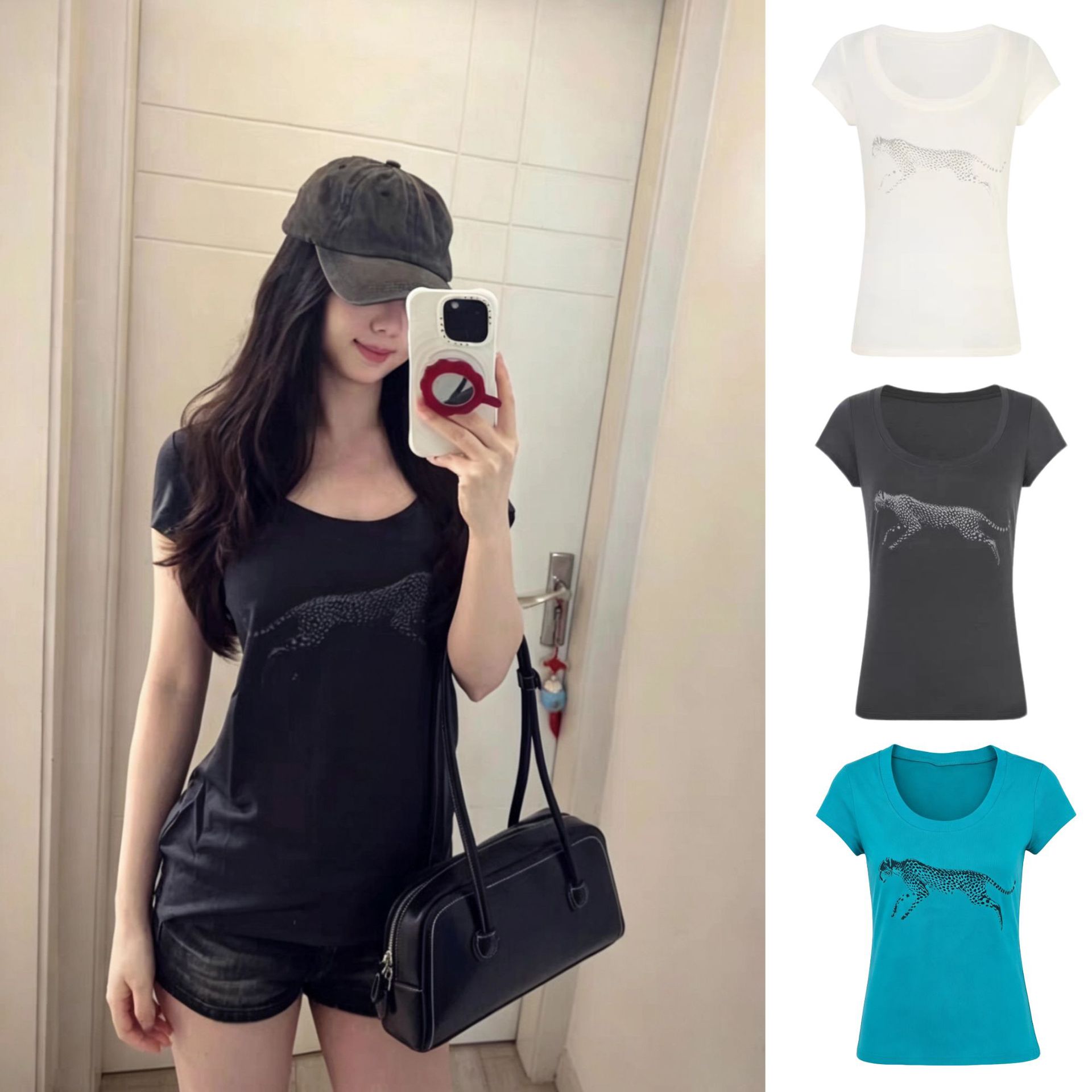 [Summer Beach] Korean Style Lazy Long U-Neck Spicy Printed Short-Sleeved Women's Top 26119