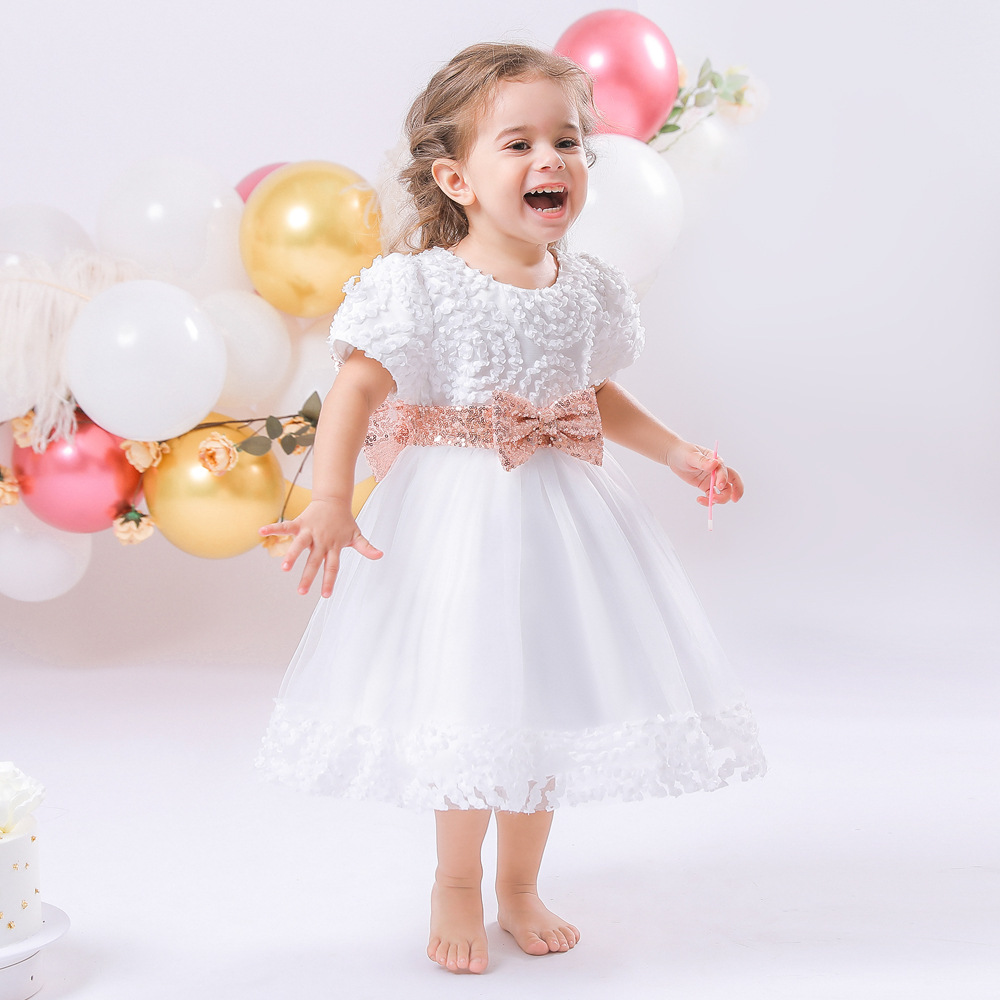 Baby's one-year-old dress sequined belt bow pettiskirt three-dimensional petal short sleeve cotton lining girls' photography clothing