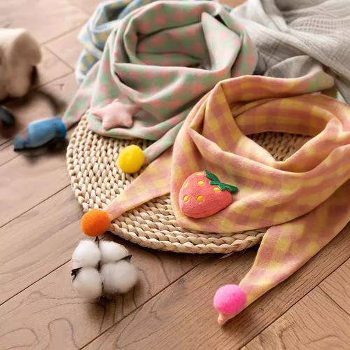Children's double-layer Korean style warm scarf cotton plaid baby boy and girl cartoon triangle scarf autumn and winter cute little scarf