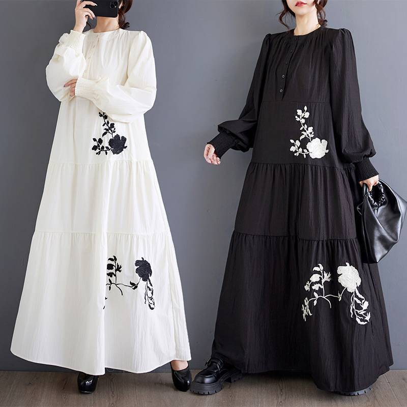Cross-border autumn new plus size loose fashion stand collar embroidery flower multi-layer stitching long temperament dress