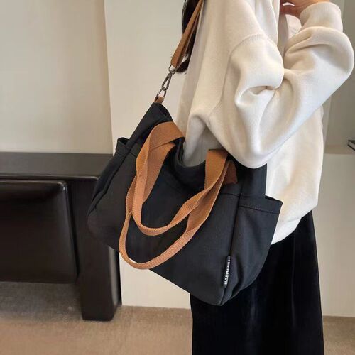 Original multi-pocket commuting bag, thick canvas tote, versatile, literary, student, large capacity, single-shoulder crossbody canvas bag