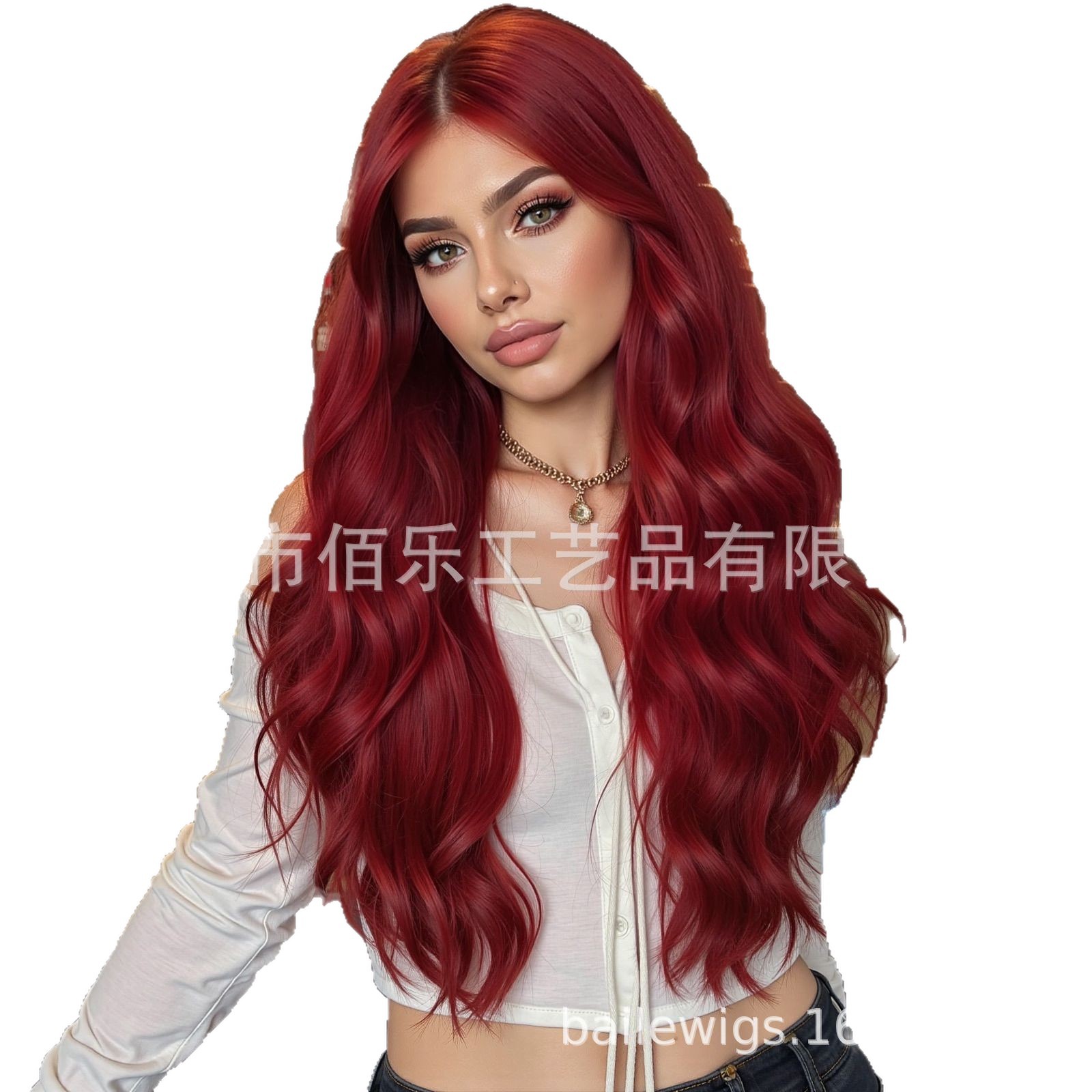 Peluca completa color rojo vino con cabello sintético largo y rizado y flequillo para cosplay. image 6