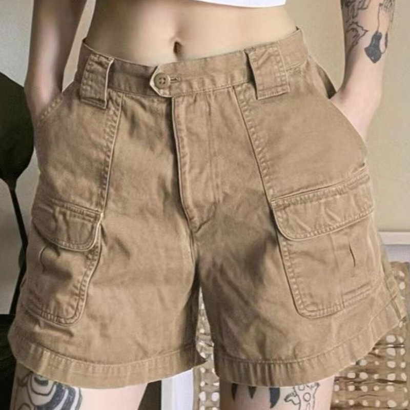 American Retro Washed Pocket Straight-Leg Khaki Work Shorts for Women Casual Denim Loose Pants Trendy