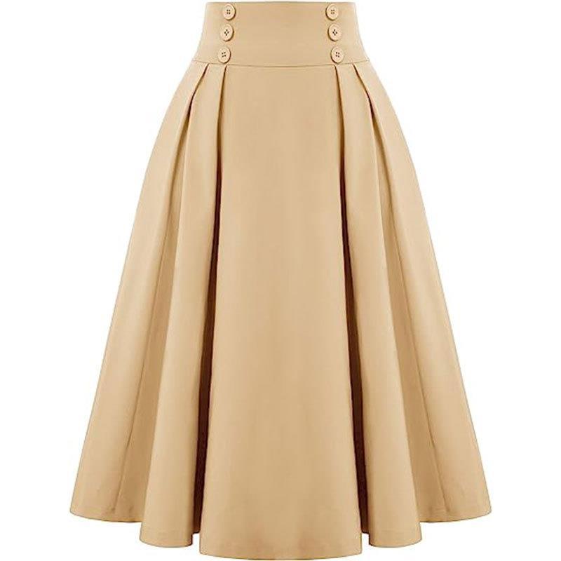 Women's Clothing High-Waisted Pleated Midi Skirt For Women Solid Color Spring Autumn Style Full Skirt_ecoleips.com