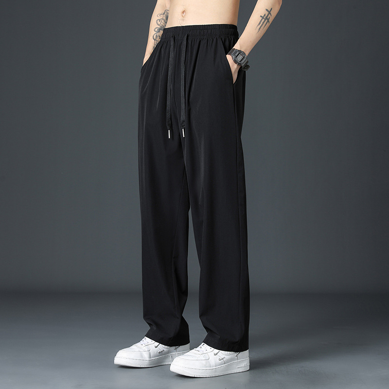 Customized Spring and Summer Ice Silk Pants for Men, Trendy Hong Kong Style, Versatile Black Loose Straight-Leg Drapey Wide-Leg Casual Dress Pants
