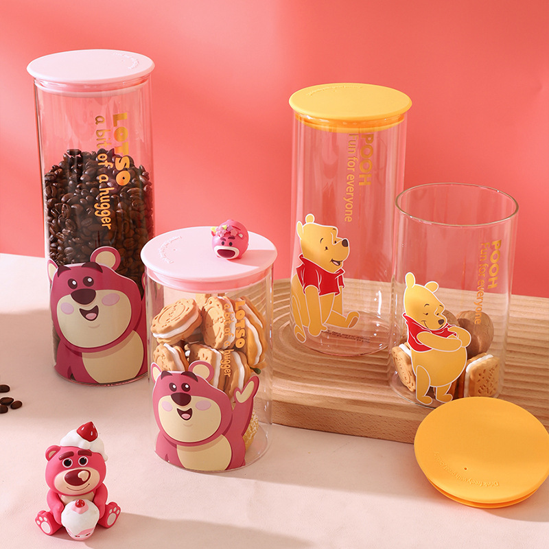 Tarro sellado de café de vidrio de oso de fresa Aperitivos de grado alimenticio Tarro de almacenamiento de dulces lindo de dibujos animados Tarro de regalo para niñas