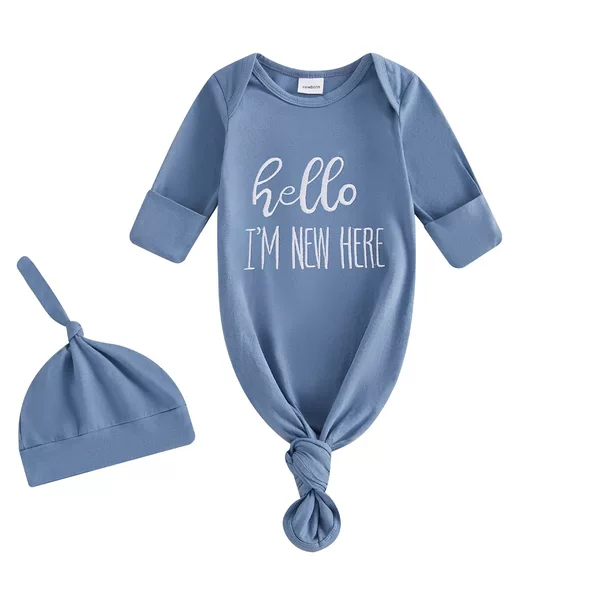 Amazon Pure Cotton Infant Sleeping Bag Jumpsuit with Letter Embroidery Hat Newborn Two-Piece Set