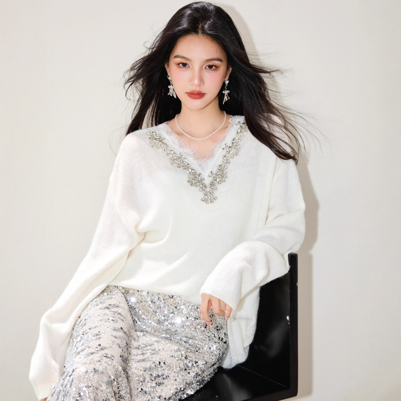 韩系超好看软糯气质白色毛衣女2025秋季款V领蕾丝镶砖长袖针织衫|undefined