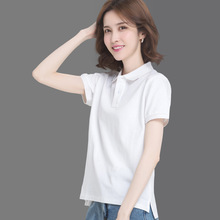 棉翻领短袖t恤女白色夏季带领工作服宽松印logo运动polo衫
