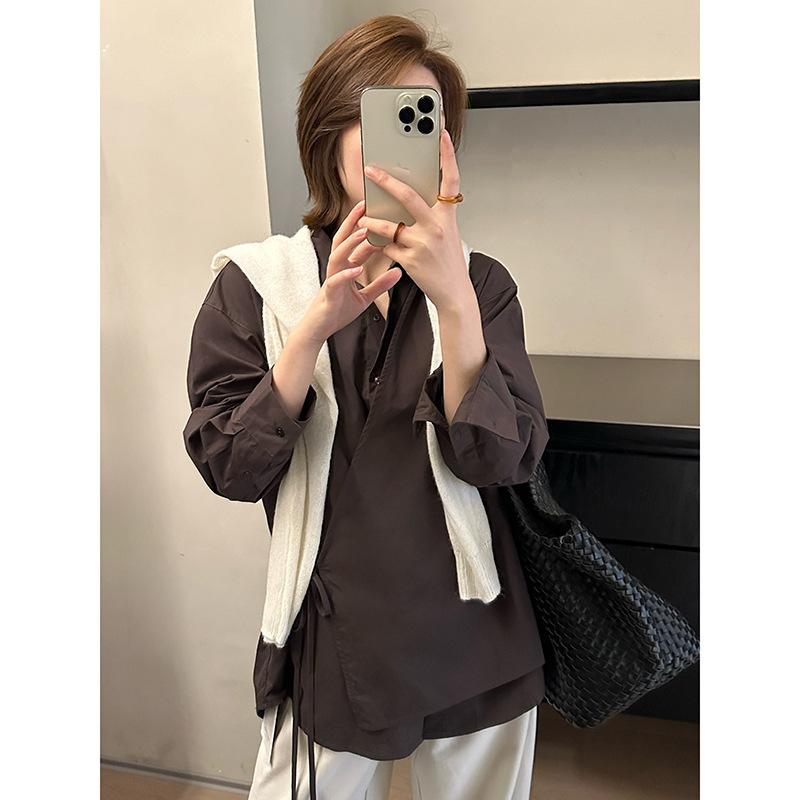 MMC白衬衫女秋季新款韩系设计感高级一片式绑带收腰显瘦长袖衬衣|undefined