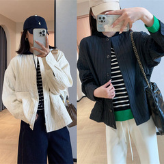 WTHEONE韩系休闲条纹绗绣压花小个子宽松显瘦圆领夹克外套女2025
