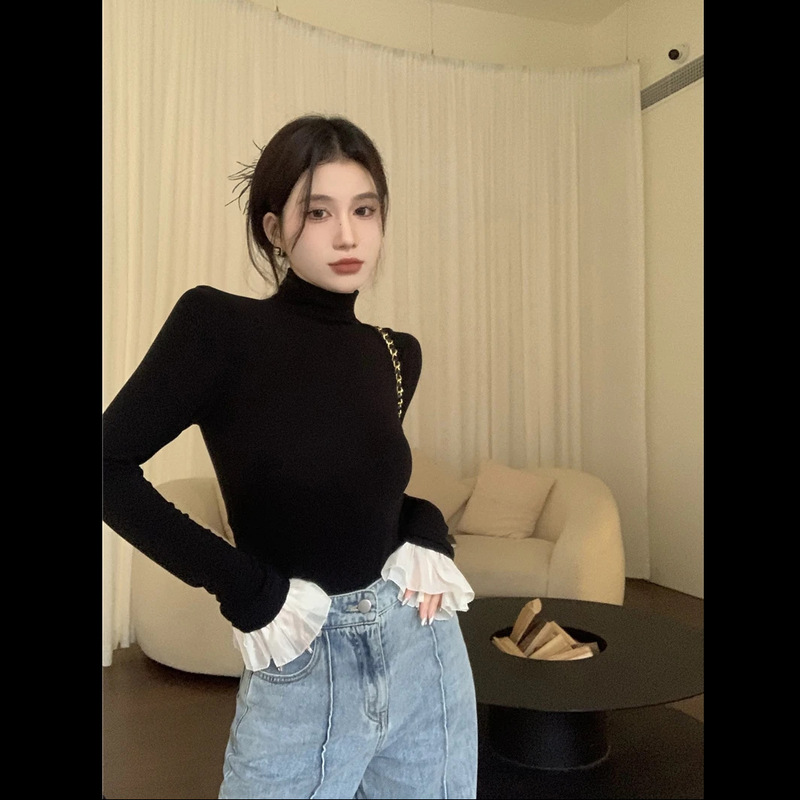 French-Style Half-High Collar Flared Sleeve Lace T-Shirt for Women, Long-Sleeve Autumn and Winter Brushed Velvet Elegant Slim-Fit Base Shirt Top French-Style Half-High Collar Flared Sleeve Lace T-Shirt for Women, Long-Sleeve Autumn and Winter Brushed Velvet Elegant Slim-Fit Base Shirt Top