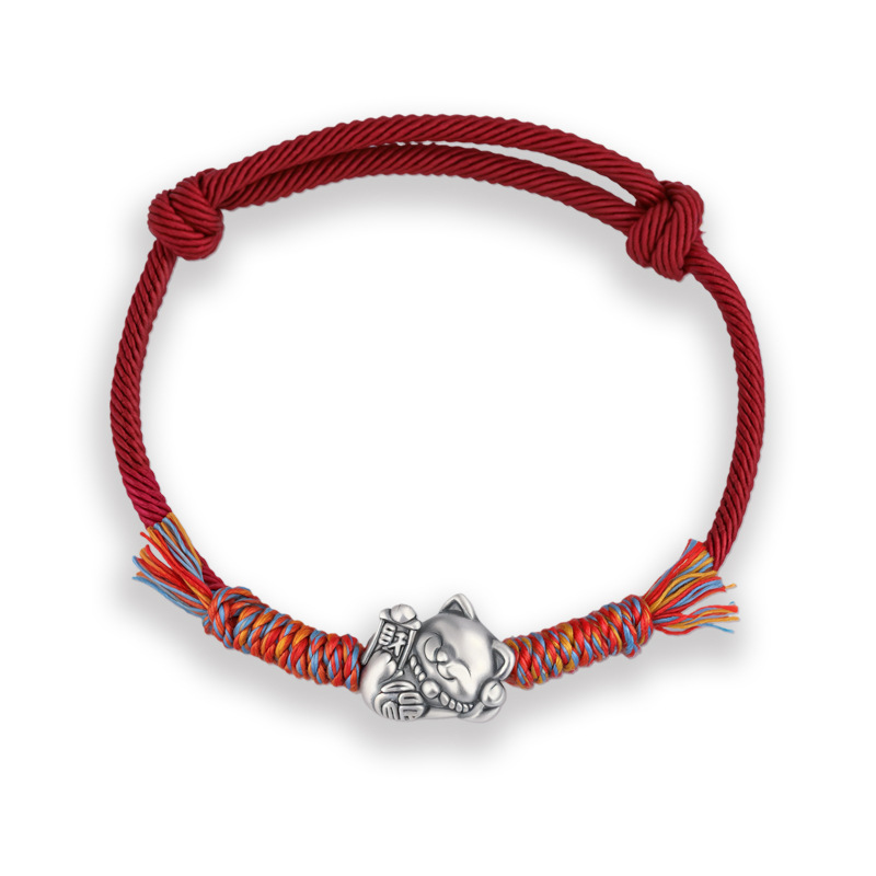 999 pie de plata adorable pulsera de gato de fortuna mujer tejida a mano cuerda roja ajustable este año de vida cuerda de mano regalo de Año Nuevo masculino