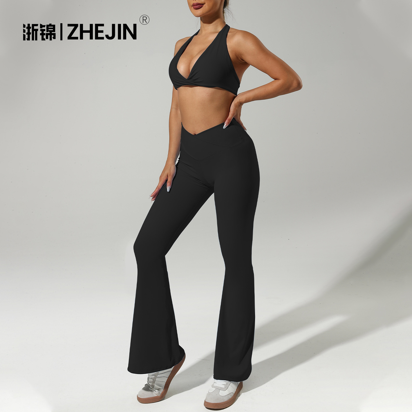 (제진) 크로스보더 요가복 여성용 홀터넥 브라 플레어 팬츠 체육복 여성용 속건 투피스 슈트