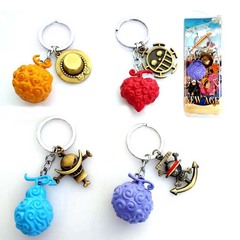 Keychain set of One Piece Devil Fruit: Luffy's Rubber Fruit, Ace's Fire Fruit, and Sanji's Surgical Fruit