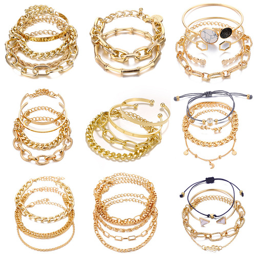 Amazon Bestselling Metal Bracelet Set, European and American Cross-Border Personalized Thick Chain Bracelets, Polished Multi-Layer Open Bracelet