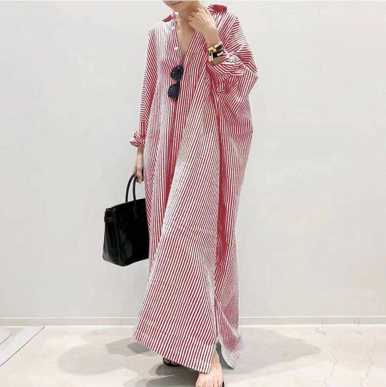 Cross-Border European And American New Plus Loose Striped Print Fashion Women's Clothing Large Size Long Dress Cardigan_ecoleips.com
