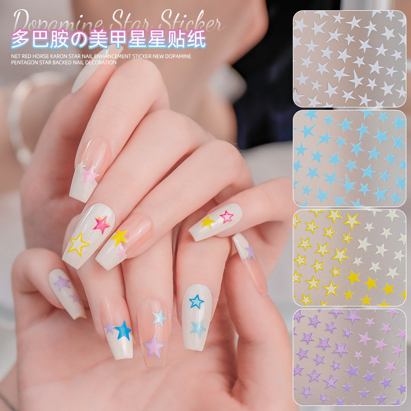 Online rojo macaron estrella uñas pegatinas 2023 nueva dopamina cinco puntas estrella adhesivo decoración de uñas al por mayor