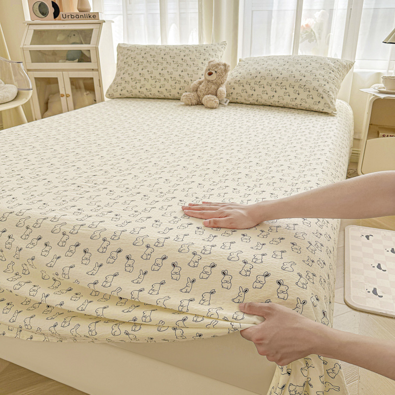 Juego de sábanas de algodón lavado de tres piezas: Sábana de gasa de doble capa Clase A, funda de almohada y sábana individual para dormitorio de estudiantes de verano.