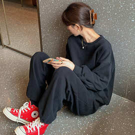 2021冬季新款加绒加厚运动套装女时尚休闲运动圆领套头卫衣两件套