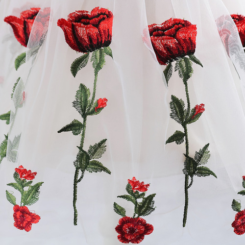 Cross-border little girl dress 2024 Western and European children's dress little girl off-shoulder princess dress children's rose embroidered net dress