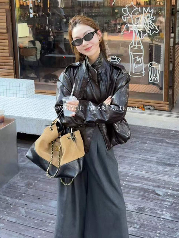 甜酷机车皮衣外套女欧洲站2025年秋季新款休闲立领双排扣夹克上衣|undefined