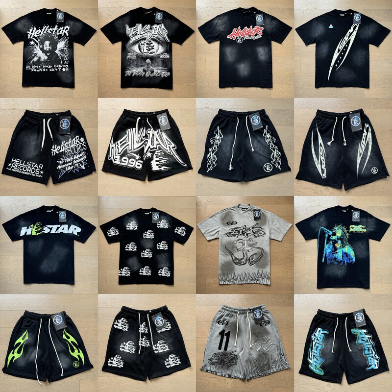Nfc Trendy Brand Hellstar Hell Star Washed Retro Round Neck Short-Sleeve T-Shirt with Rhinestones Unisex Set with Pants
