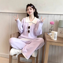 韩系纯色长袖假两件翻领套头套装女一整套ootd穿搭春季新款两件套