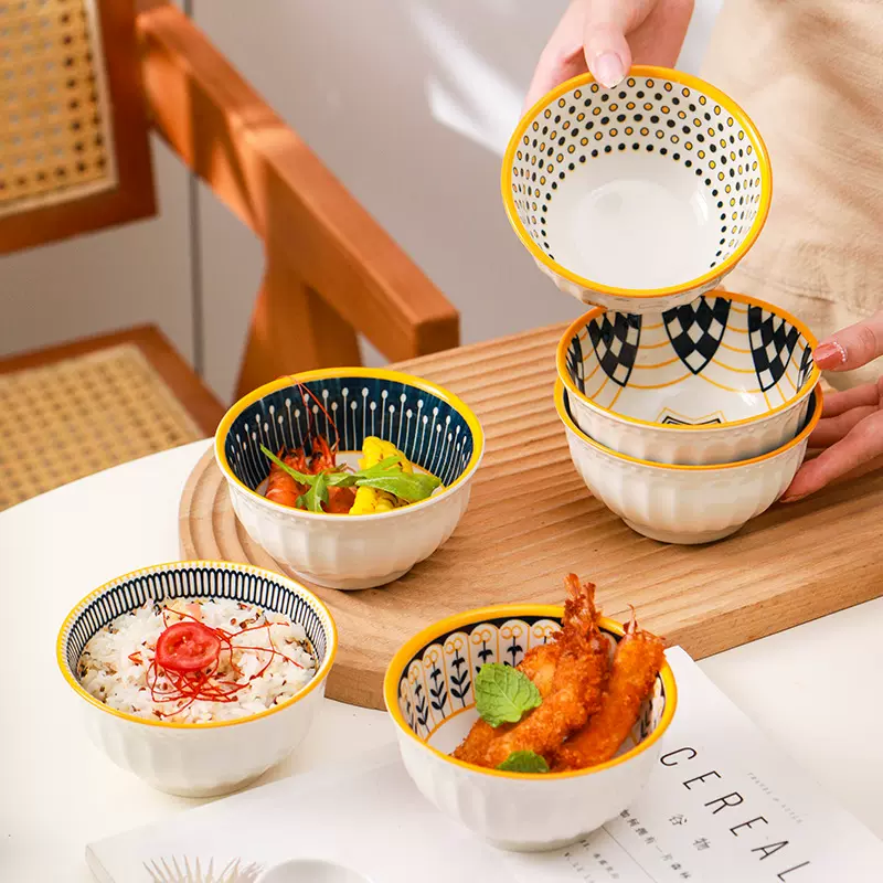日式家用瓷碗小碗北欧餐具陶瓷面碗沙拉碗碗盘套装米饭碗手绘花卉