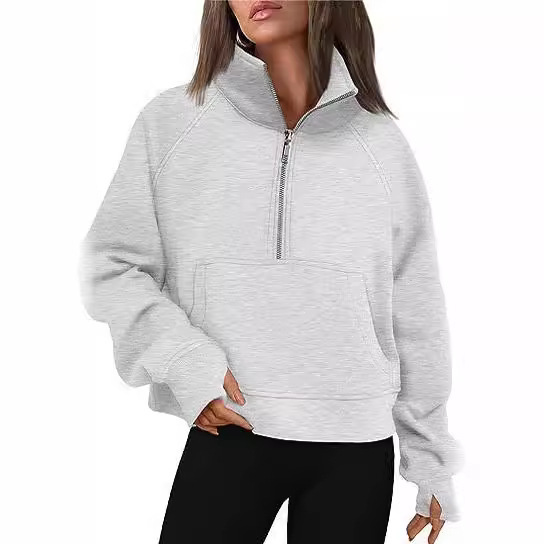 2023 European and American cross-border autumn and winter new women's sports half zipper yoga clothes loose stand collar plus velvet sweater sweater