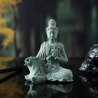 新中式水月观音佛像摆件青砂石如来佛像禅房茶室装饰鱼缸造景摆设