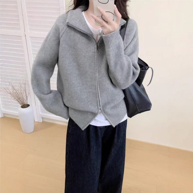 慵懒风毛衣外套女2025秋冬新款韩系纯色立领拉链针织开衫跨境女装|undefined