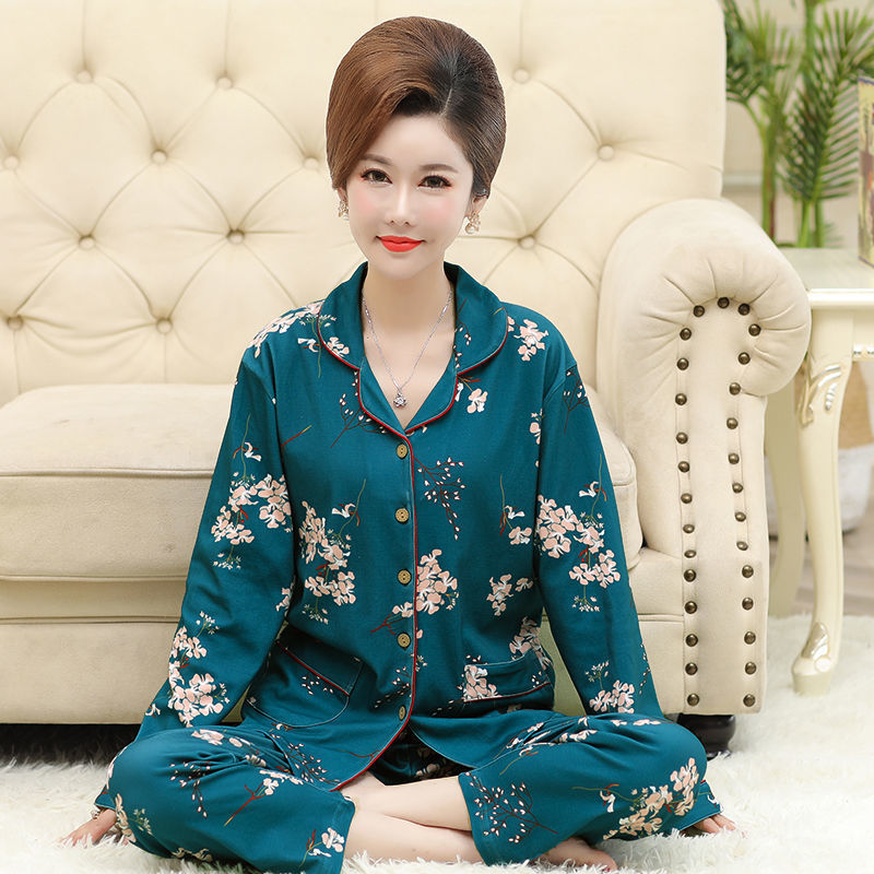 100% pijamas de algodón de manga larga de las mujeres más el tamaño de mediana edad estilo coreano cardigan desgaste del hogar traje de primavera y otoño