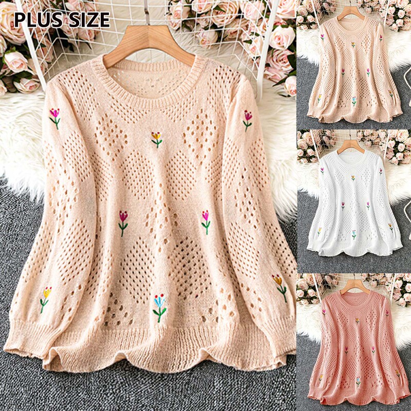 Cross-border Casual Flower Embroidered Long Sleeve Round Neck Hollow Elegant Sweater Knitted Top