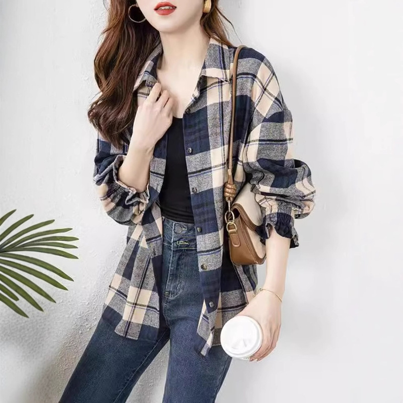 Korean-style Loose Casual Polo Collar Plaid Shirt Women's Design Sense Lace Cuff Long-sleeved Single-breasted Outer Top
