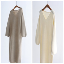 百搭宽松V领针织裙25秋冬桑蚕丝羊毛混纺长袖连衣裙慵懒显瘦长裙