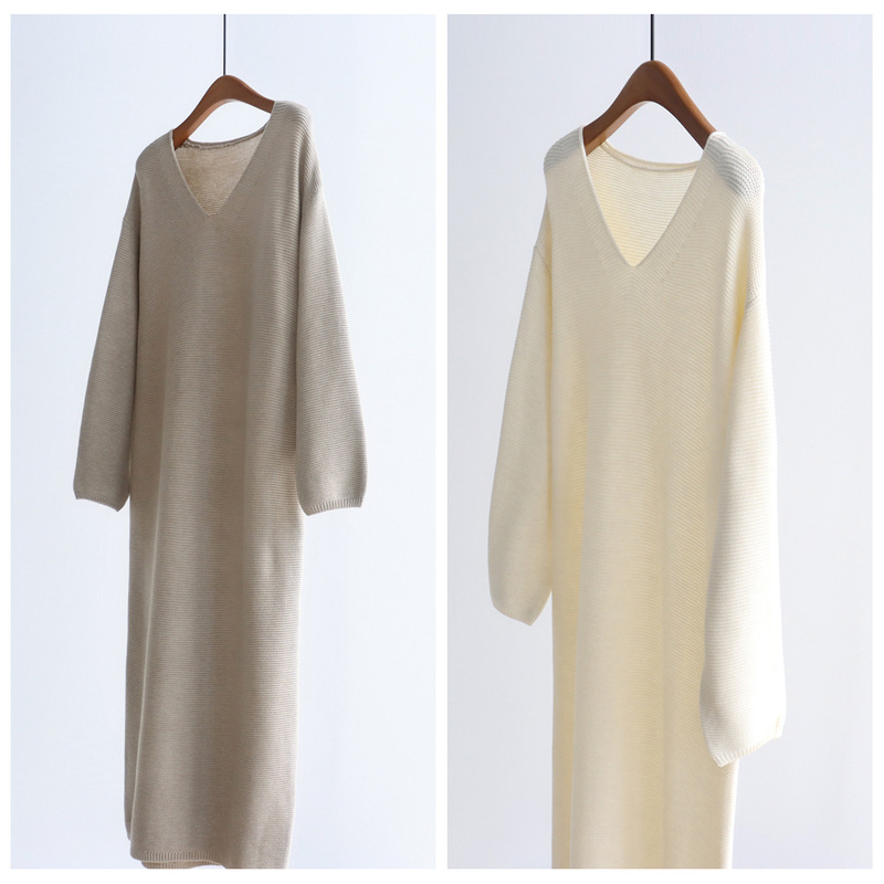 Versatile Loose V-Neck Knit Dress 25 Autumn and Winter Mulberry Silk Wool Blend Long-Sleeve Dress Lazy Slimming Long Dress Versatile Loose V-Neck Knit Dress 25 Autumn and Winter Mulberry Silk Wool Blend Long-Sleeve Dress Lazy Slimming Long Dress