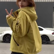 时尚撞色连帽短款加绒加厚外套女2025秋冬新款宽松百搭派克服棉服