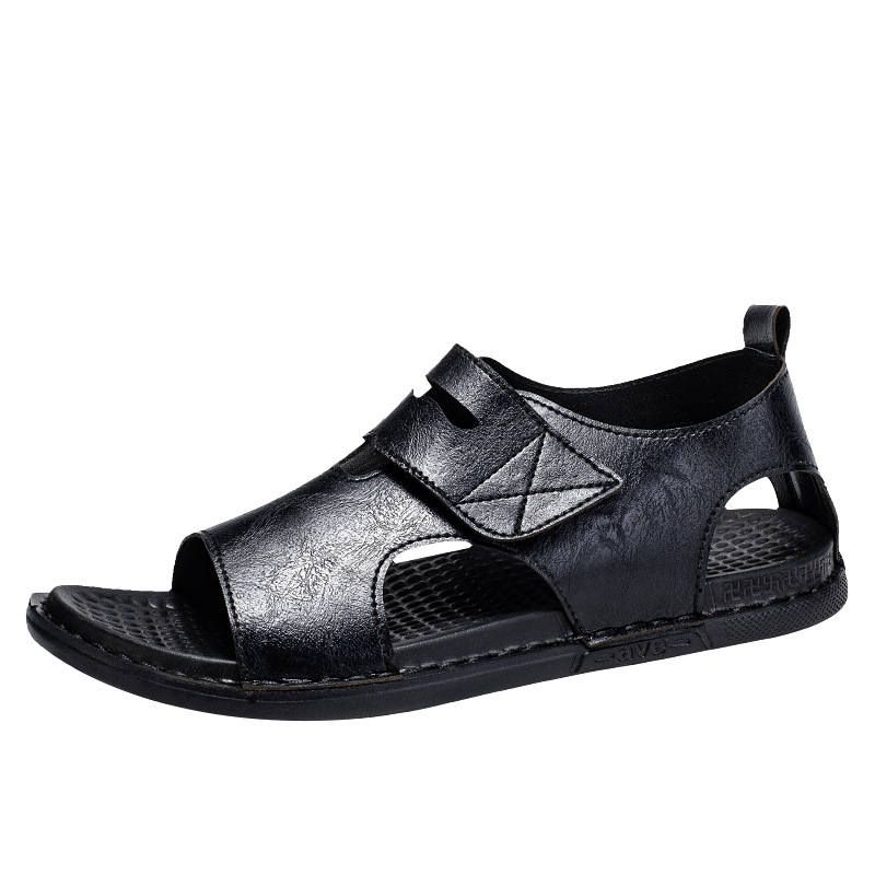 Sandalias de hombre de verano cuero zapatos casuales velcro ventilador zapatillas casuales cómodas zapatos de mediana edad