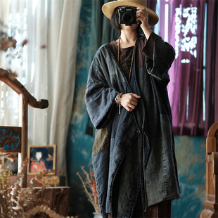 Luoguni Retro Linen Snowflake Washed V Neck Loose Lace Patchwork Cotton Outwear Jacket Cotton Robe 1916 Orchid Patchwork