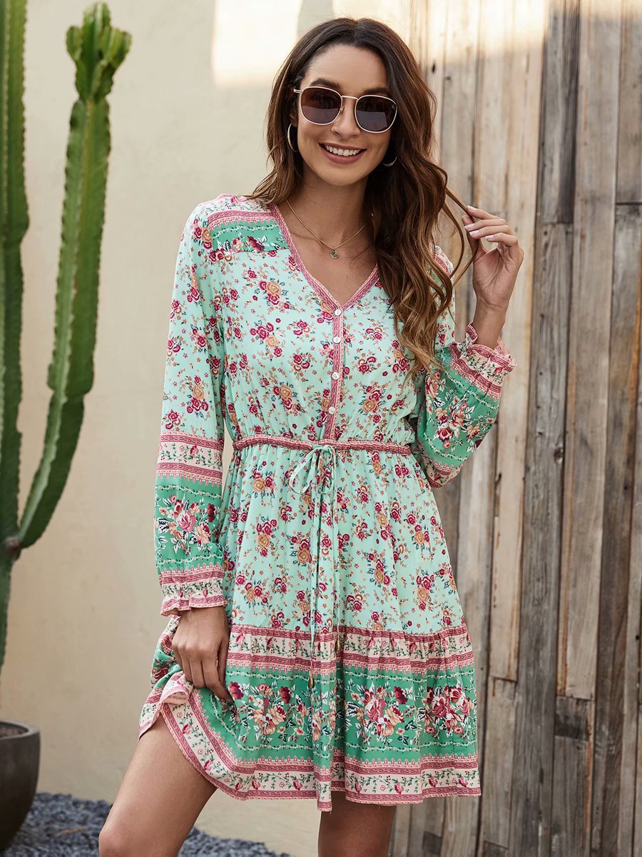 spring long-sleeved rayon printed holiday dress  NSAM28396