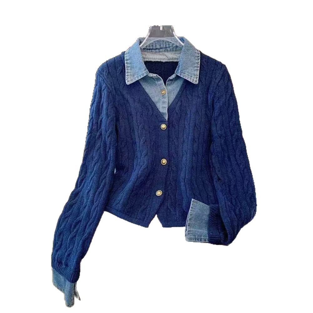 Women's Long Sleeve Patchwork Cable Knit Sweater Denim Collar Two Piece Faux Style Versatile And Stylish Design_voghion.com