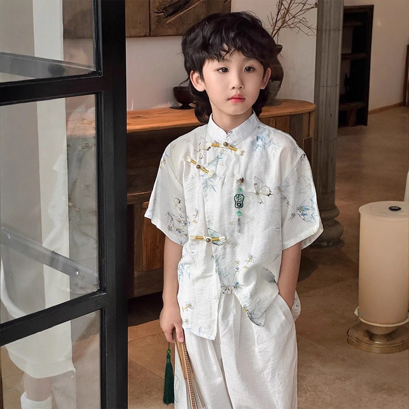 国风汉服男童夏季短袖套装儿童古风服装新中式宝宝演出服一件代发|undefined