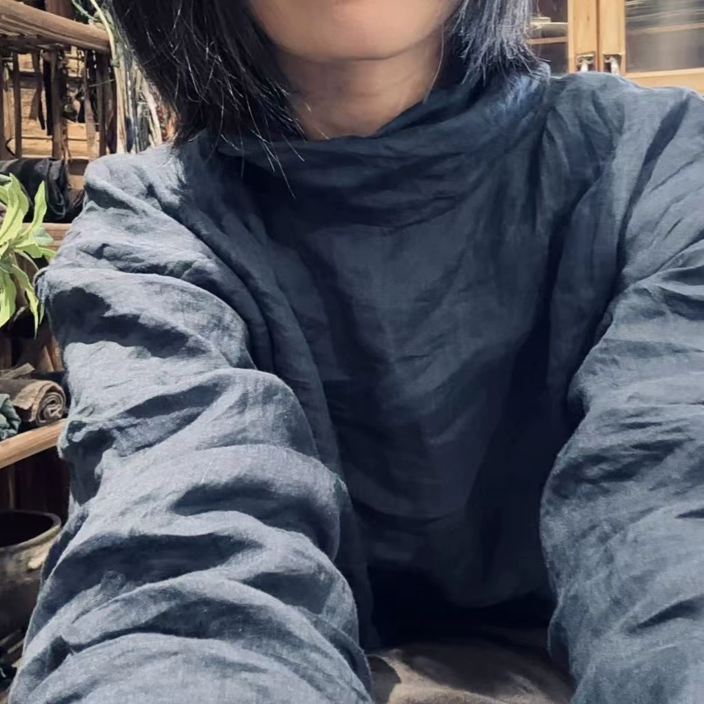 24/9SN90 Двухслойный пуловер с высоким воротником Ramie для верхней одежды, универсальный повседневный топ в художественном ретро-стиле.