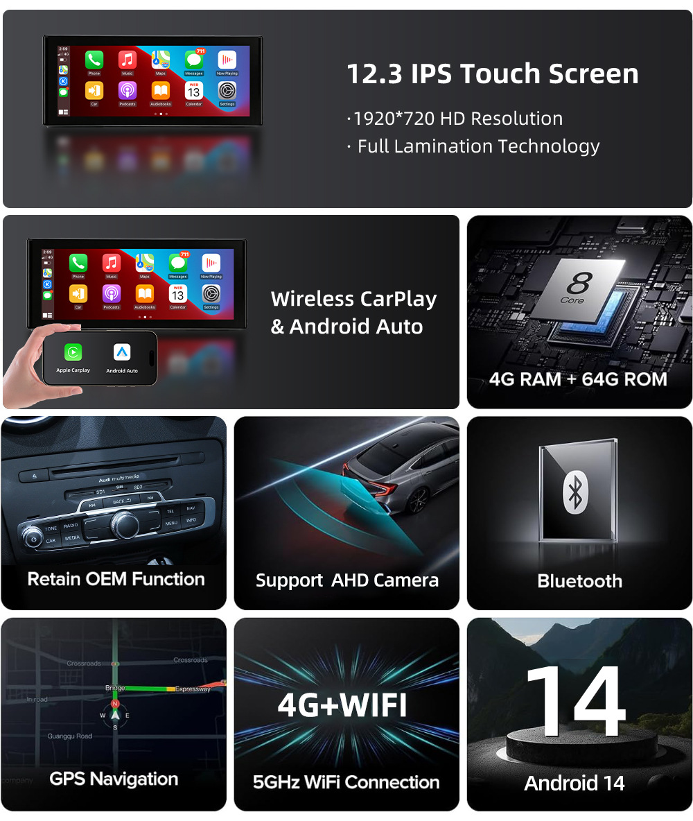 Car-mounted central control large screen suitable for Audi A3 8V 2013-2018, Android navigation, Bluetooth, wireless Carplay