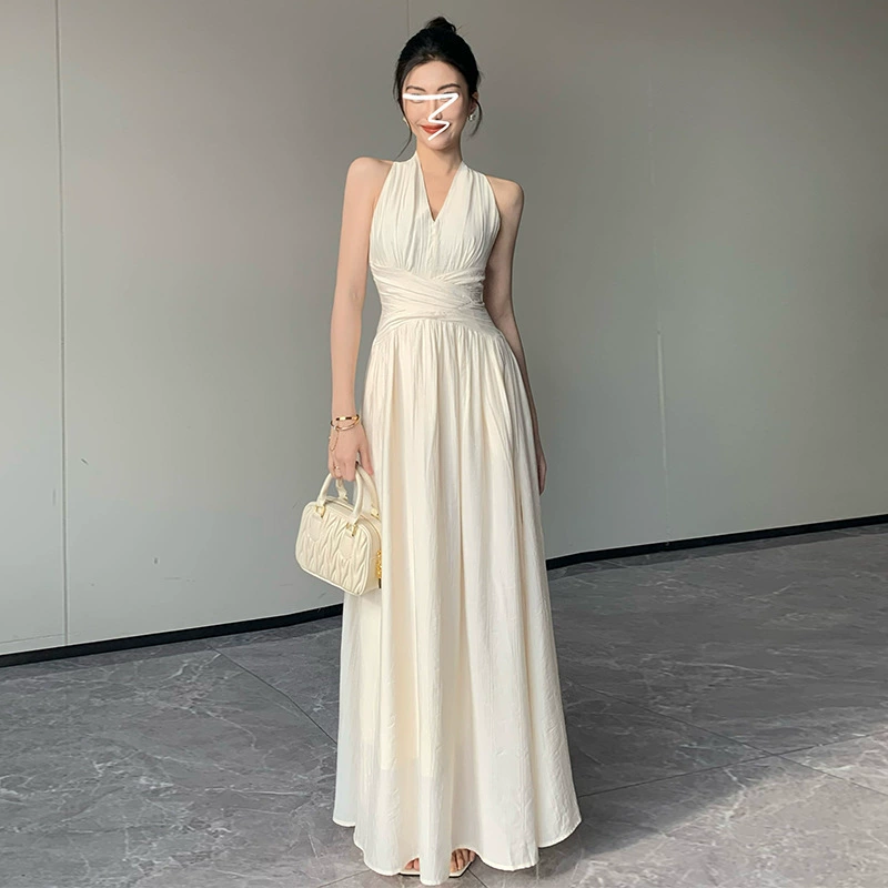 Элегантное летнее платье без рукавов 2025 года, новая мода, завышенная талия, французский V-образный вырез, длинное, женское, для отдыха.